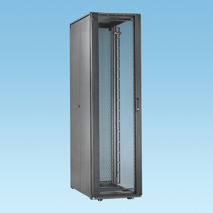Product image for Panduit S7812BA9 700mmW x 45 RU x 1070mm S-Type Cabinet, front single hingle hinge door, rear split door, 2 side panels, no casters, switch config, Black