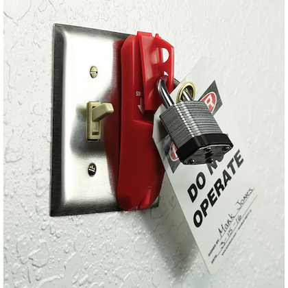 Product image for Panduit PSL-1015 Lockout Tagout, Universal wall switch cover, Red.