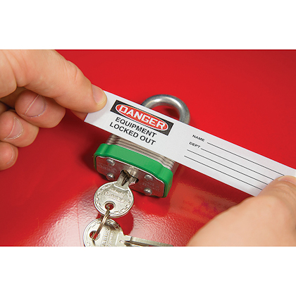 Product image for Panduit PSL-1029 Lockout Tagout, Padlock Labels, 'DANGER EQUIPMENT LOCKED OUT' (legend), Package of 50.