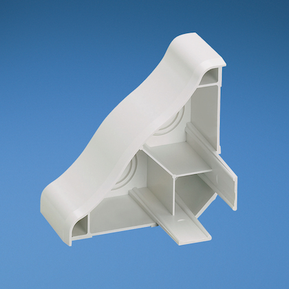 Product image for Panduit WCM35ECIW End cap fitting. Used to terminate Orange enter cove raceway. Includes breakouts for 1/2" and 3/4" conduit.