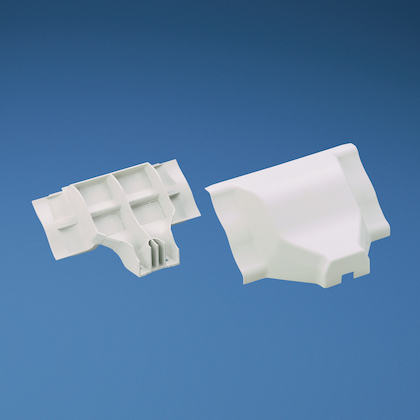 Product image for Panduit WCM35TRIW Transition fitting. Used to transition from cove raceway to Panduit T-45 raceway Orange LD profile raceway.