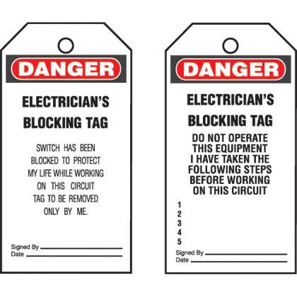 Product image for Panduit PVT-30 Plastic Tag, 'Danger Electrician's Blocking ..', 5 tags & ties/pk, RB/WH