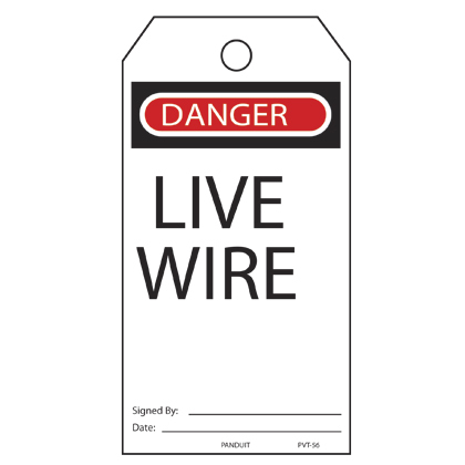 Product image for Panduit PVT-56-Q Write-on safety tag, 3.00" W x 5.75" H, danger header, 'Live wire' (legend), semi-rigid vinyl, red and Blackack/white, 25 tags and ties/package.