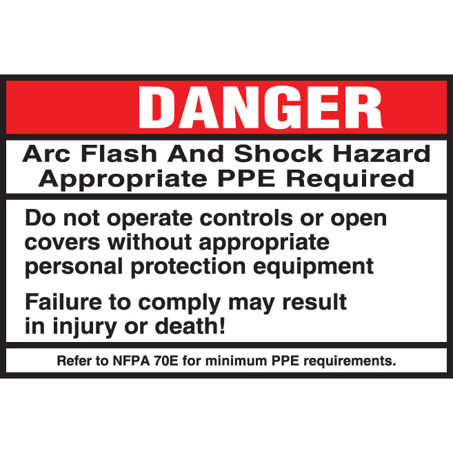 Product image for Panduit PPS0305D2108 Adhesive Sign, Polyester, Danger Header, "Arc Flash & Shock Hazard.." Legend, 5.00" W (127.0mm) x 3.50" H (88.9mm), 1 Sign/Card, 5 Cards/Pack, RD/BL/WH