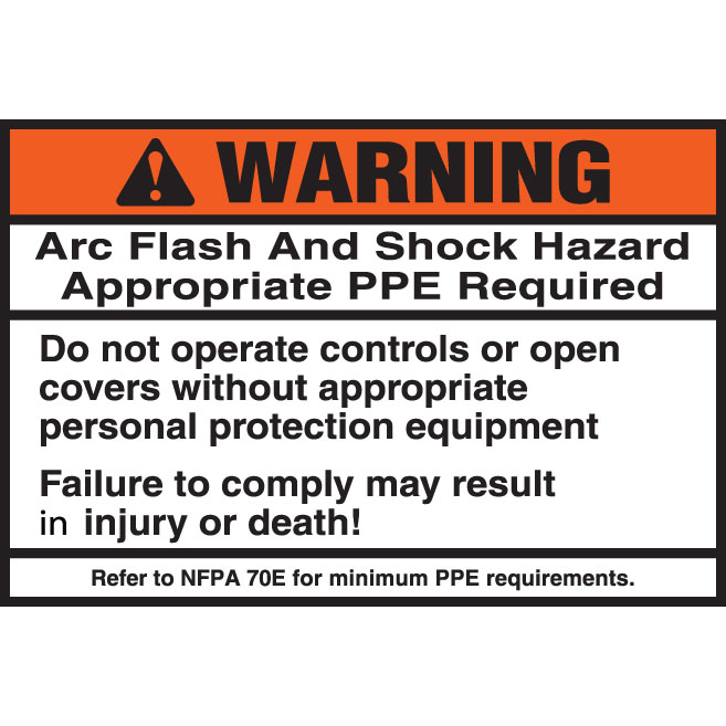 Product image for Panduit PPS0305W2108 Adhesive Sign, Polyester, Warning Header, "Arc Flash & Shock Hazard.." Legend, 5.00" W (127.0mm) x 3.50" H (88.9mm), 1 Sign/Card, 5 Cards/Pack, Black/Orange