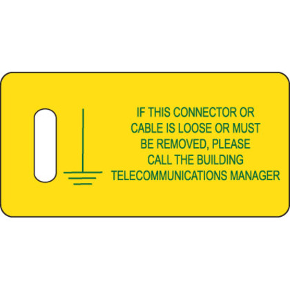 Product image for Panduit PT-BGND Network Building Ground Tag, 2.75"x1.38" w/slot, 'Warning.', 100 tags/pk, GR/YL