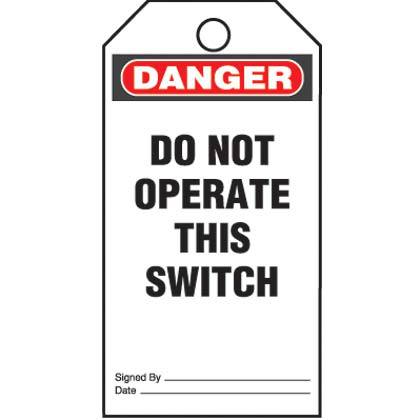 Product image for Panduit PVT-155-Q Plastic Tag, 'Danger Do Not Operate This ..', 25 tags & ties/pk, RB/WH