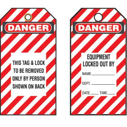 Product image for Panduit PVT-98 Plastic Tag, 'Danger This Tag & Lock .', 5 tags & ties/pk, RB/WH (striped)