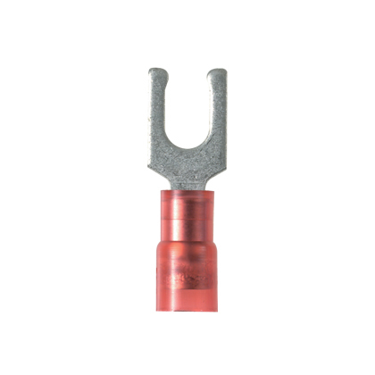 Product image for Panduit PNF18-6LFW-C Locking Fork Terminal, Wide Tongue, Nylon Insulated, Funnel Entry, 22 - 18 AWG, #6 Stud Size