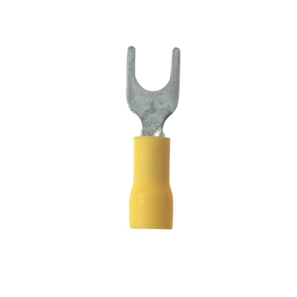 Product image for Panduit PV22-4F-CY Fork Terminal, vinyl insulated, 26 - 22 AWG, #4 stud size, funnel entry