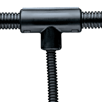 Product image for Panduit CF502550F-Q Corrugated Loom Tubing Fitting, .50" (12.7mm) Branch Diameter, .25" (6.4mm) Trunk Diameter, Polypropylene, Black.