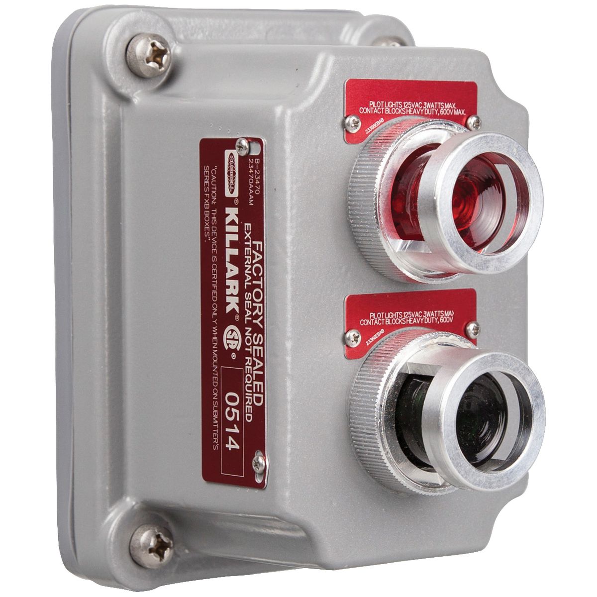 FXCS SERIES - ALUMINUM DOUBLE 120V PILOT LIGHT COVER WITH DEVICE -FACTORY SEALED - RED LENS AND GREEN LENS WITH NAMEPLATES TO BE SPECIFIED