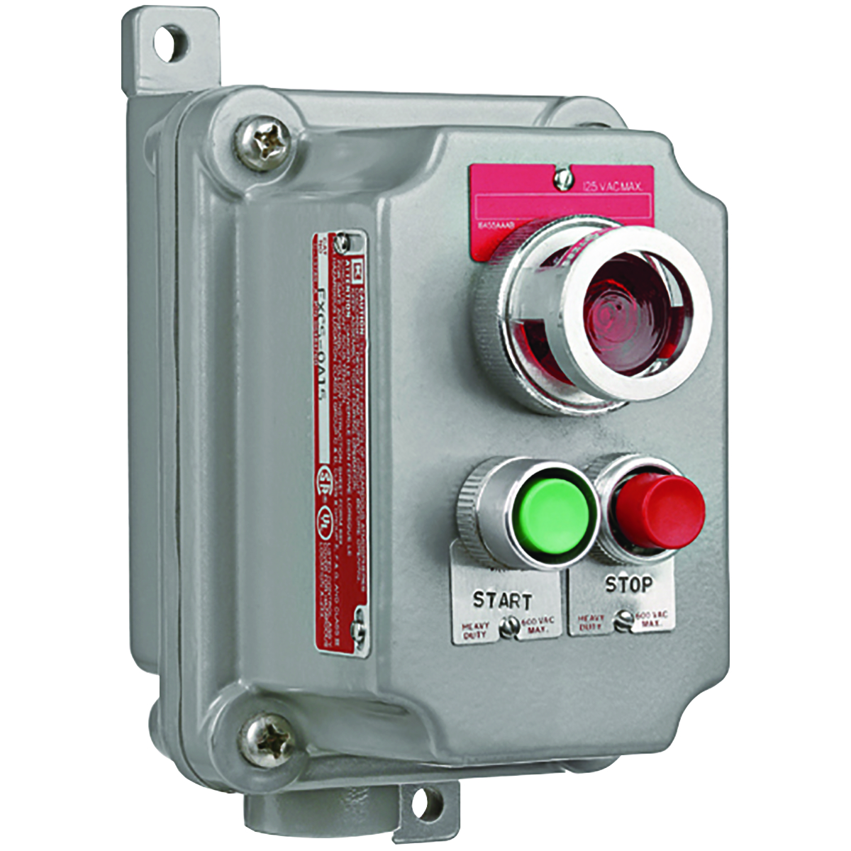 FXCS SERIES - ALUMINUM DEAD-END MOMENTARY CONTACT DOUBLE MINI PUSHBUTTON AND 120V PILOT LIGHT CONTROL STATION - FACTORY SEALED - GREENBUTTON WITH 