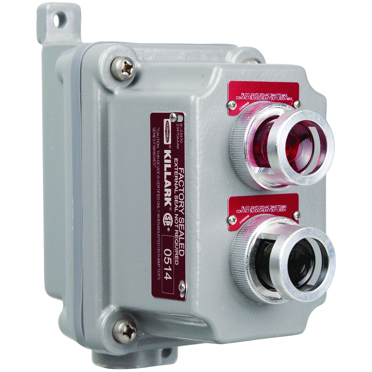 FXCS SERIES - ALUMINUM DEAD-END DOUBLE 120V PILOT LIGHT CONTROL STATION- FACTORY SEALED - RED LENS AND GREEN LENS WITH NAMEPLATES TO BESPECIFIED - HUB SIZE 3/4 INCH