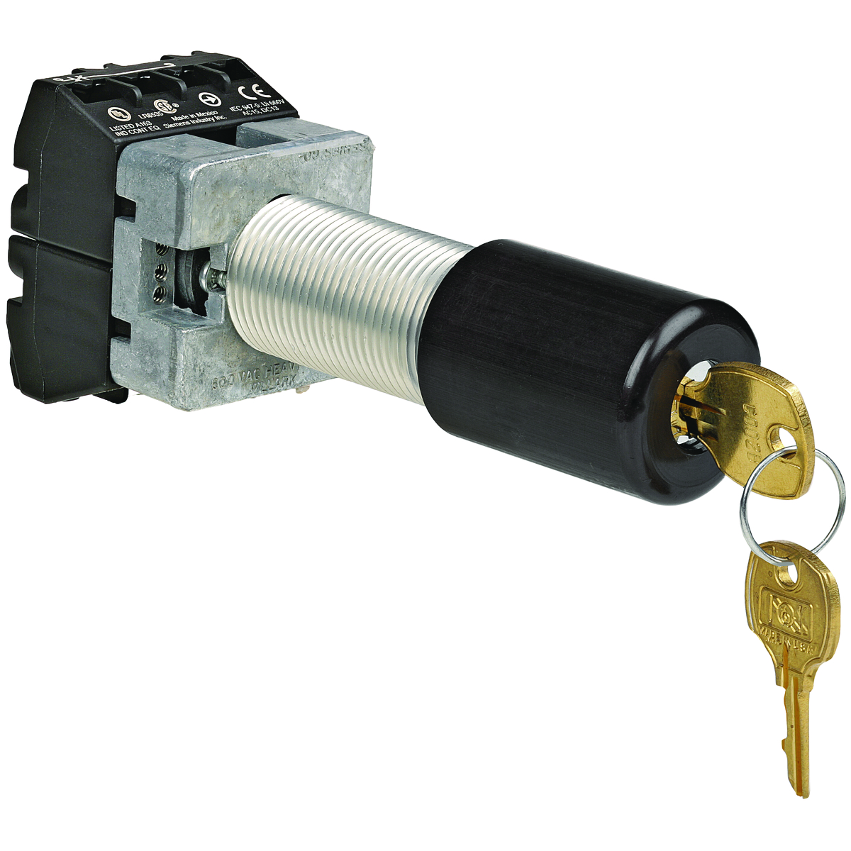 G SERIES - ALUMINUM SHORT MAINTAINED CONTACT 3-POSITION KEYED SELECTORSWITCH OPERATOR - KEYED DIFFERENT WITH KEY REMOVAL IN CENTER POSITION -