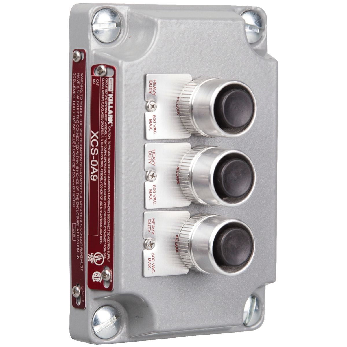 XCS SERIES - ALUMINUM MOMENTARY CONTACT THREE MINI PUSH BUTTON COVERWITH DEVICE - THREE BLACK BUTTONS WITH NAMEPLATES TO BE SPECIFIED -3NO/3NC CONTACT RATING