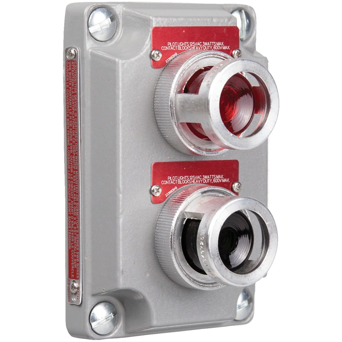 XCS SERIES - ALUMINUM DOUBLE 120V PILOT LIGHT COVER WITH DEVICE - REDLENS AND GREEN LENS WITH NAMEPLATES TO BE SPECIFIED