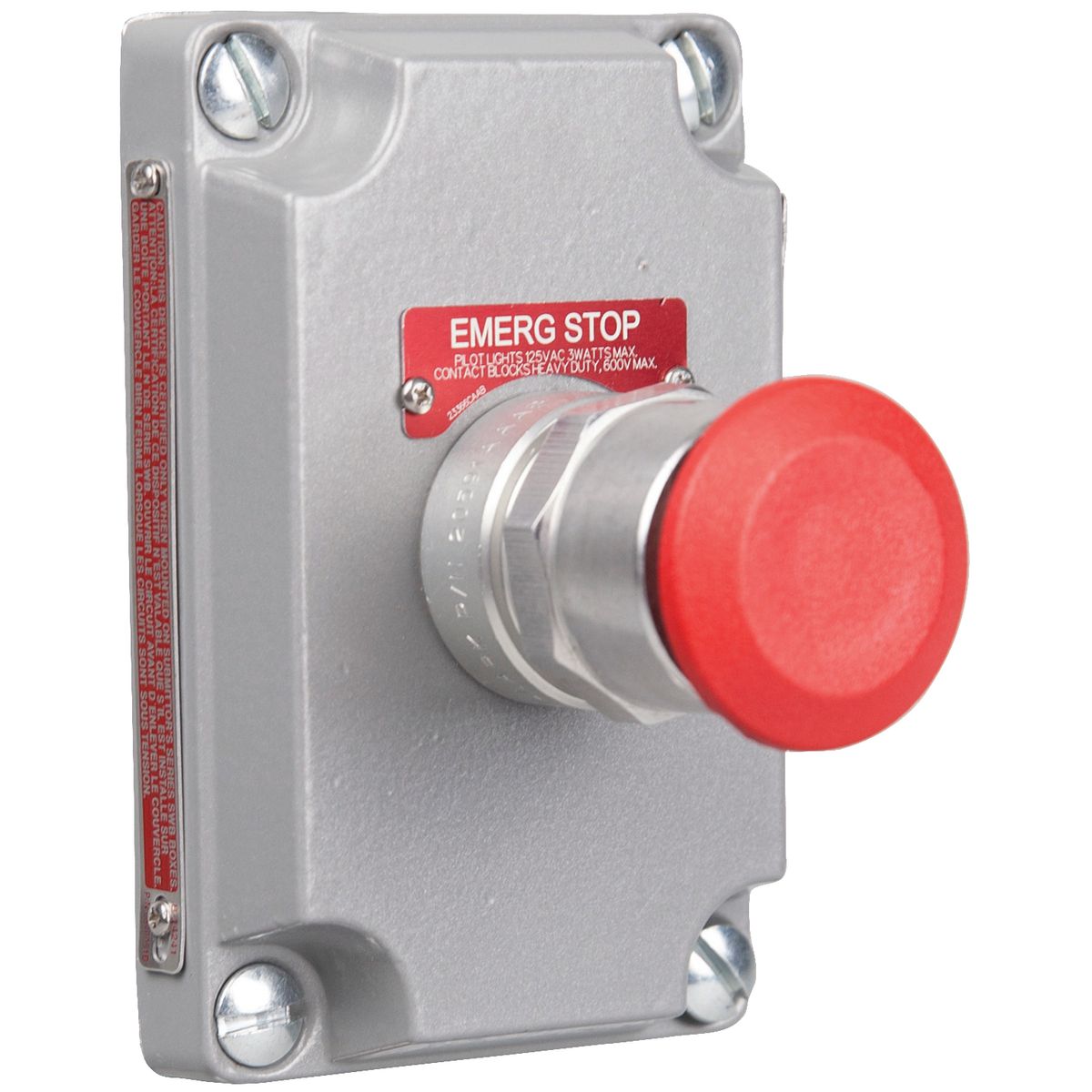 XCS SERIES - ALUMINUM MAINTAINED CONTACT PUSH/PULL BUTTON COVER WITHDEVICE - RED MUSHROOM BUTTON SUPPLIED WITH THREE NAMEPLATES(