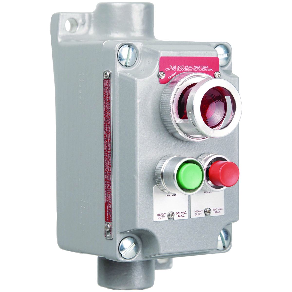 XCS SERIES - ALUMINUM FEED-THRU MOMENTARY CONTACT TWO MINI PUSH BUTTONAND 120V PILOT LIGHT CONTROL STATION - GREEN BUTTON WITH 