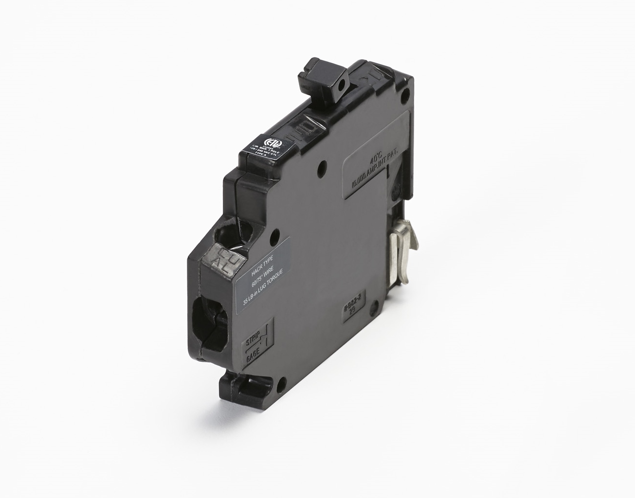 Connecticut Electric circuit breaker type A. For use in Challenger and T&B load centers. 1/2" thick. Two units (R+L) form a Twin 1-pole breaker or single units can be placed on the outsides of a 2-pole breaker to fill a 2" space. ETL Listed. 10,000 AIC 15A Right Clip. Clamshell Package with Security Tag.