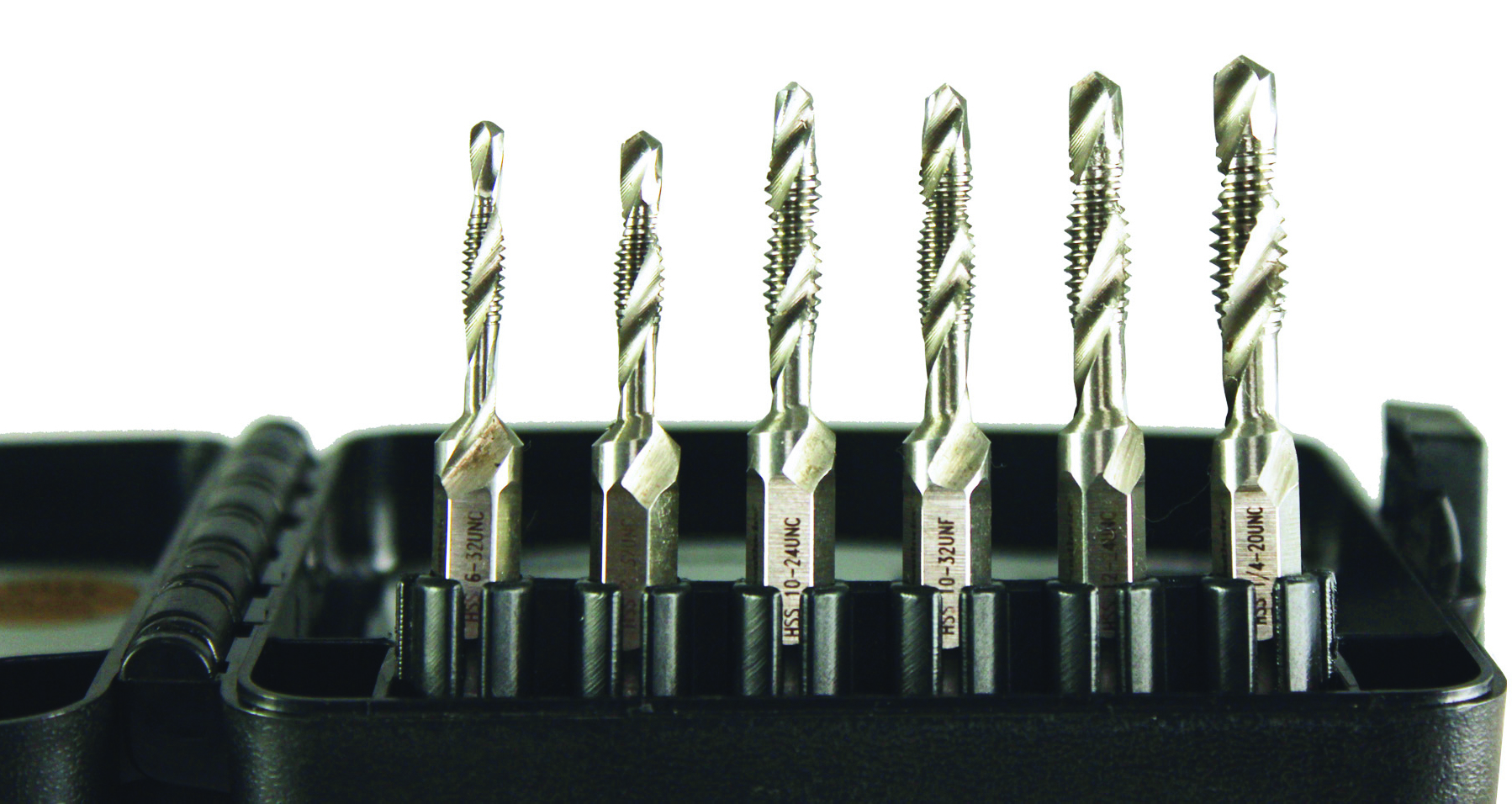 Combination drill and tap bit set, featuring one-piece design bits that drill, tap, and deburr in one operation.