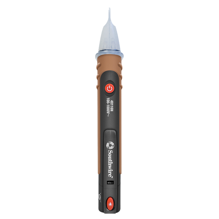 Non-contact AC voltage detector quickly checks for the presence of live voltage on wiring and electrical devices. Features a built-in flashlight for added convenience.