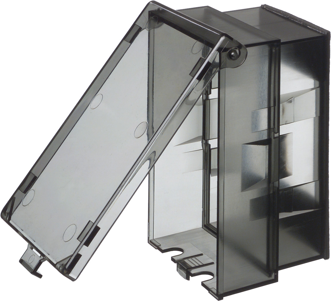 1 Gang Low Profile, IN and OUT cover for new and existing construction. Weatherproof in-use. Meets extra-duty code requirements when cord is plugged in. UV rated plastic. Horizontal. Color - Clear. Has an installed oversized base for large openings or a 3-1/2" round outlet box