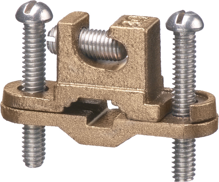 Solid Bronze with stainless steel screws, bare wire ground clamp with lay-in lug. pipe size - 3/8