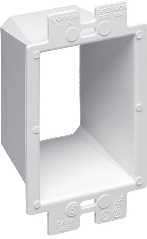 Box Extender, levels and supports the wiring device where the box is set back from the wall surface extends the box up to an 1-1/2. 2 hour fire rating. Single Gang.