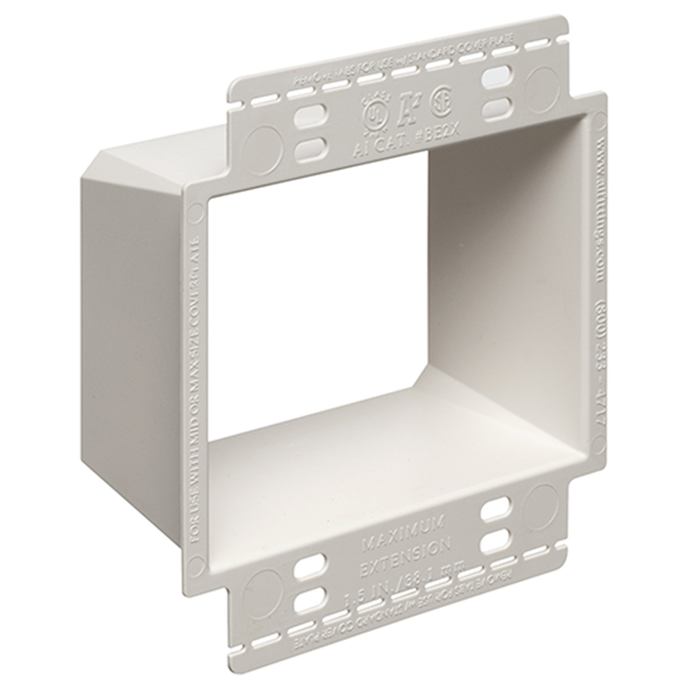2 Gang non metallic box extender with larger perforated flanges.Larger flange gives better support for device. Extends boxes up to an 1-1/2
