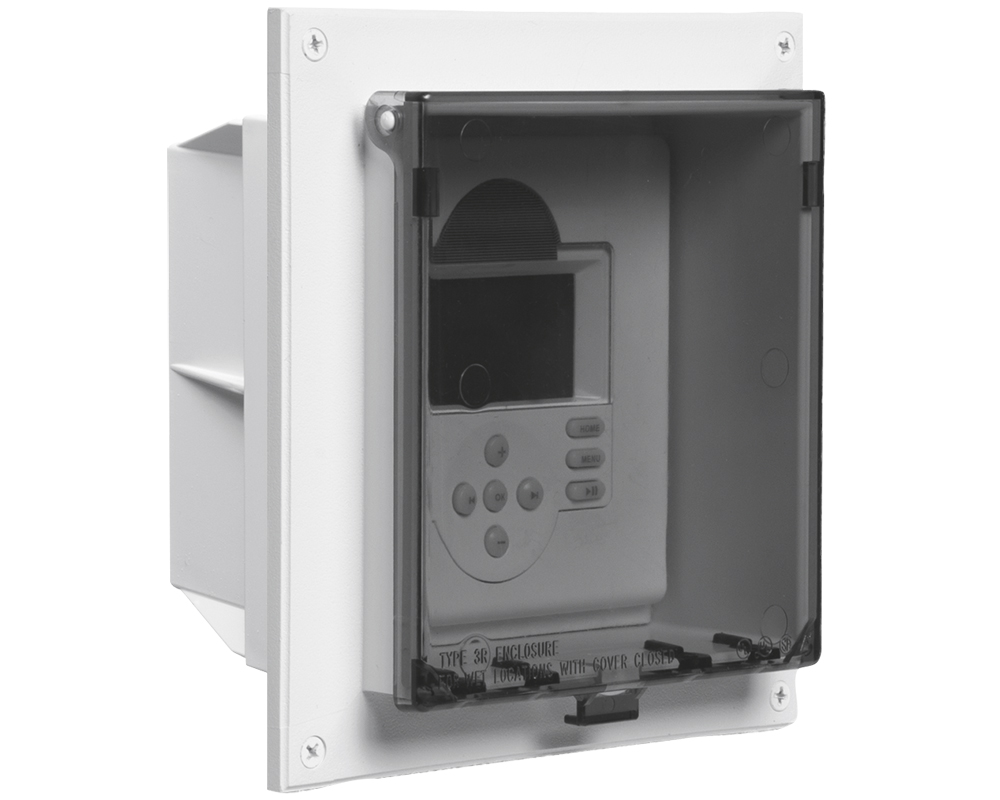 Non metallic exterior keypad enclosure with weatherproof while in use clear cover. For flat surfaces and existing construction.