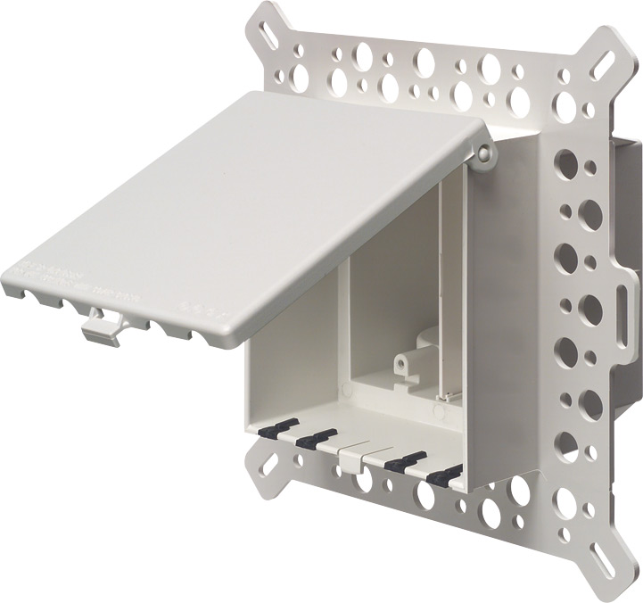 Low Profile Inbox for new construction for stucco, textured and rigid siding. Vertical with weatherproof while in use. Extra Duty white paintable cover. Two gang.