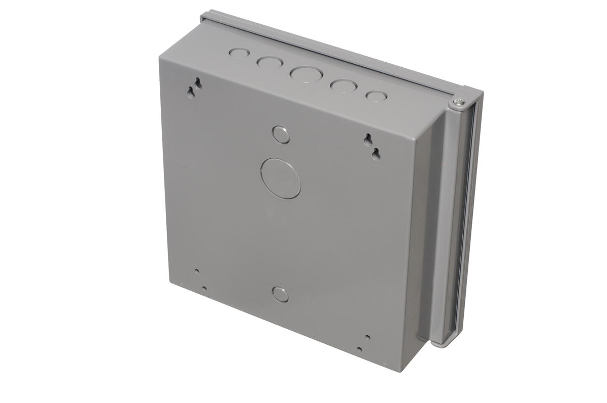 Outdoor rated non-metallic enclosures, NEMA3R. Gray, 12 x 12 x 4. With Back Plate