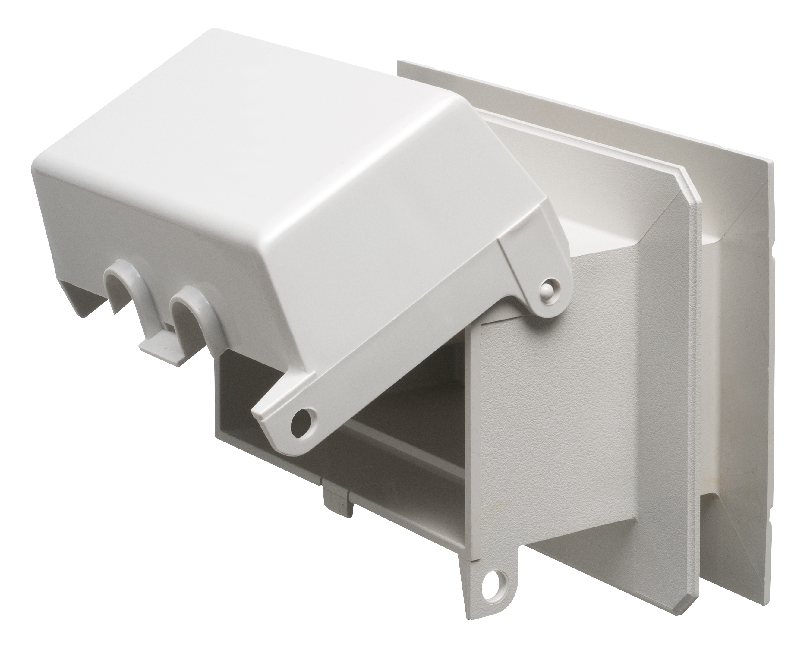 One piece weather proof outlet box for vinyl siding. Extra Duty Covers. Horizontal with White Cover.