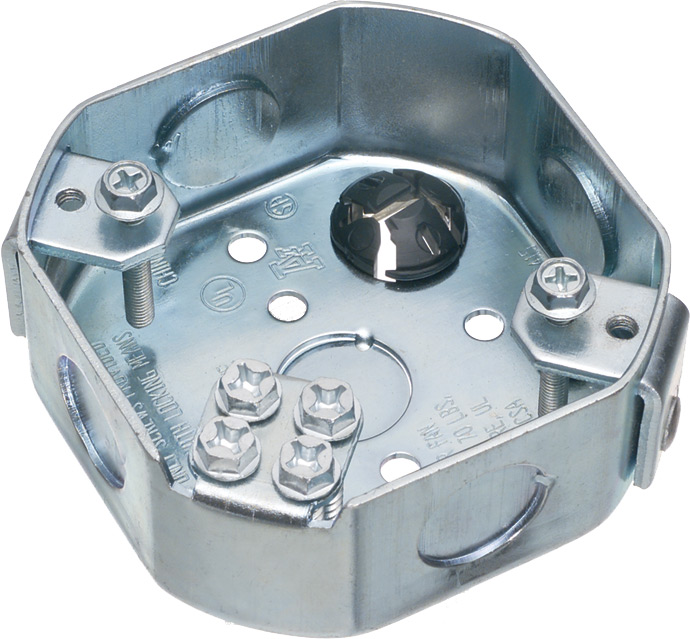 Steel octagonal fan and fixture mounting box. 70lb fan rated, 200lb fixture rated. 1-1/2
