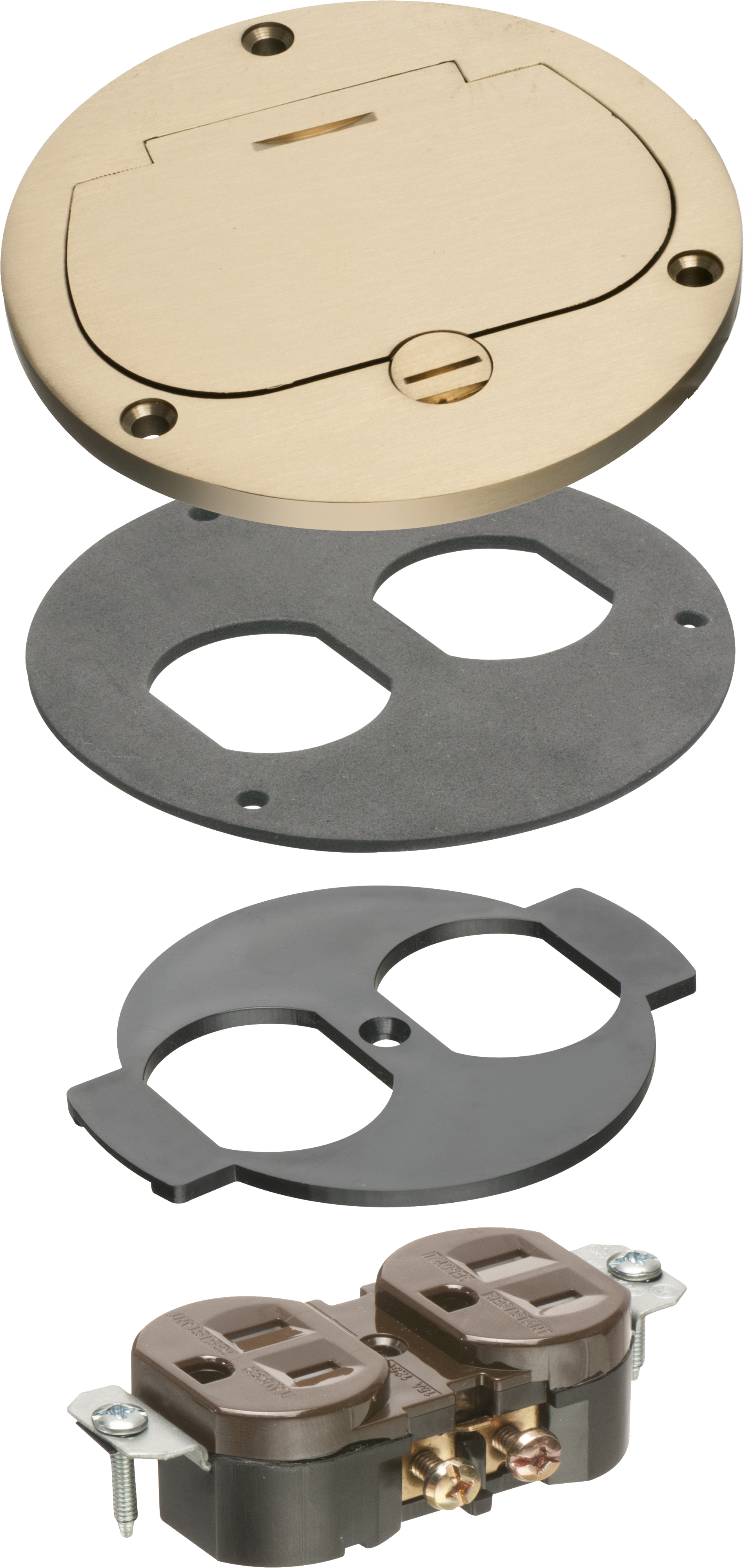 Trim kit for Arlington's FLB3500 cut in box, Includes cover, gasket and receptacle. Metallic Brass.