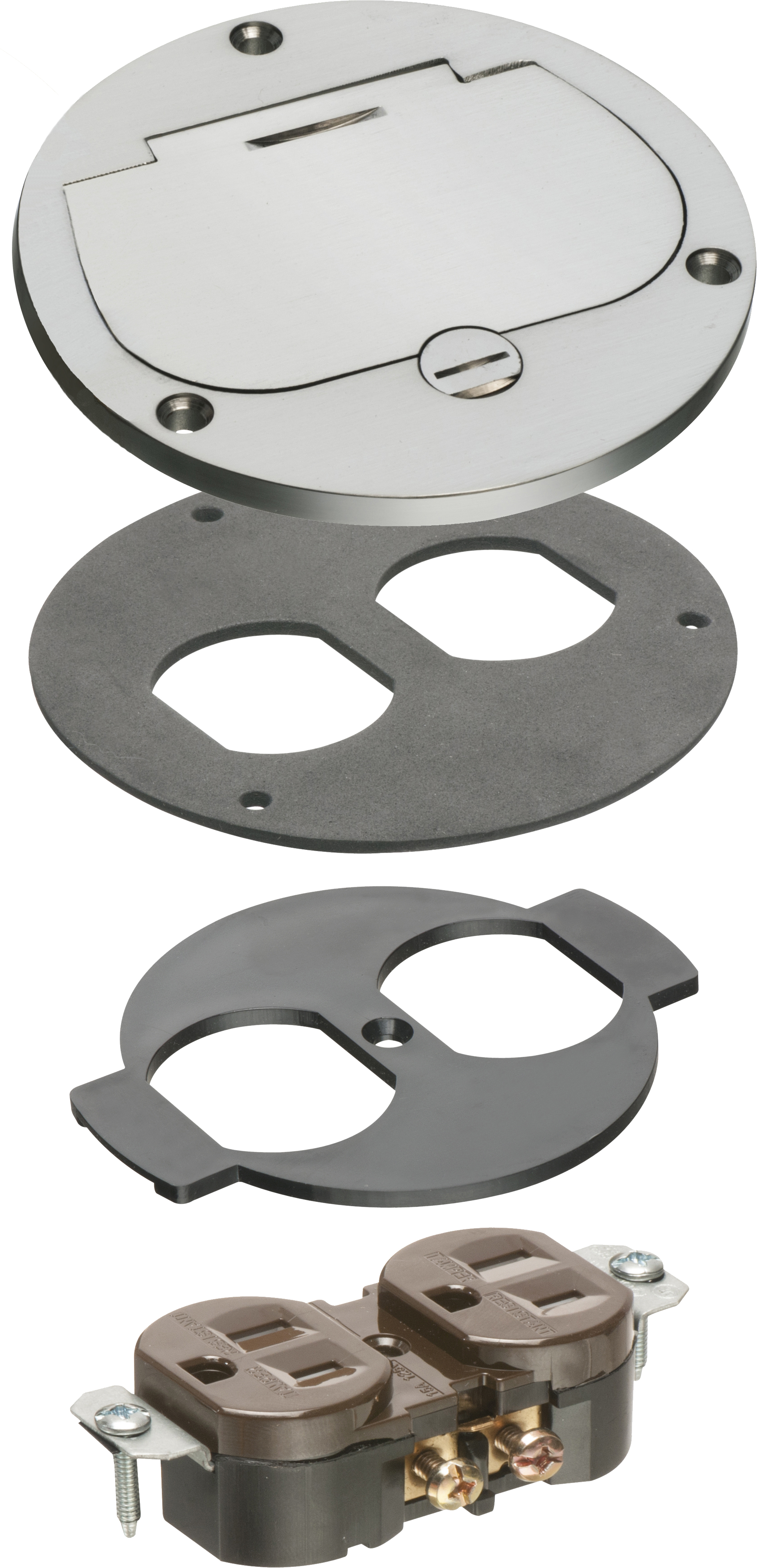 Trim kit for Arlington's FLB3500 cut in box, Includes cover, gasket and receptacle. Metallic Nickel.
