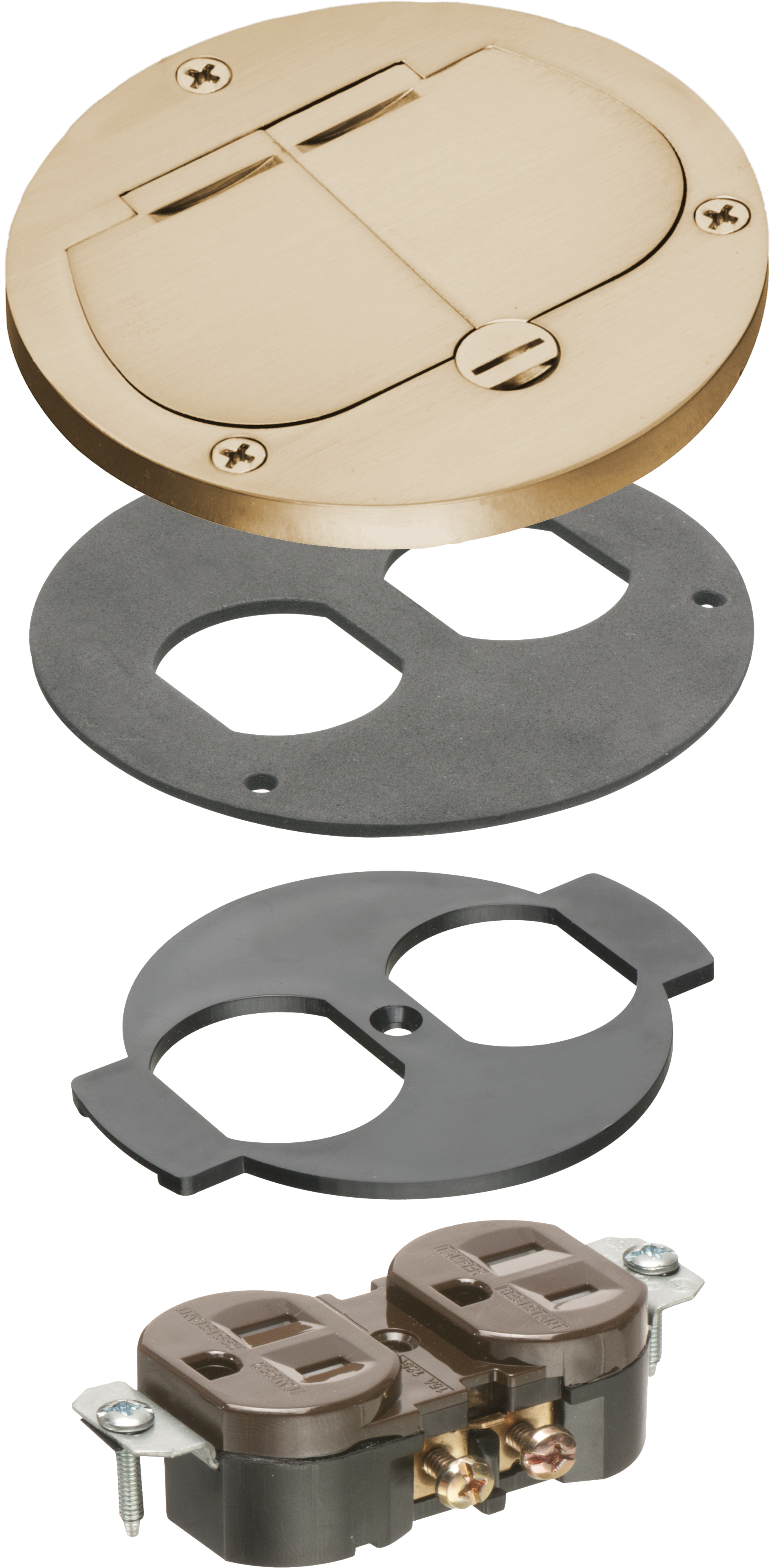 Trim kit for Arlington's FLB3500 cut in box, Includes cover, gasket and receptacle. Metallic Brass. with (2) flip lids.