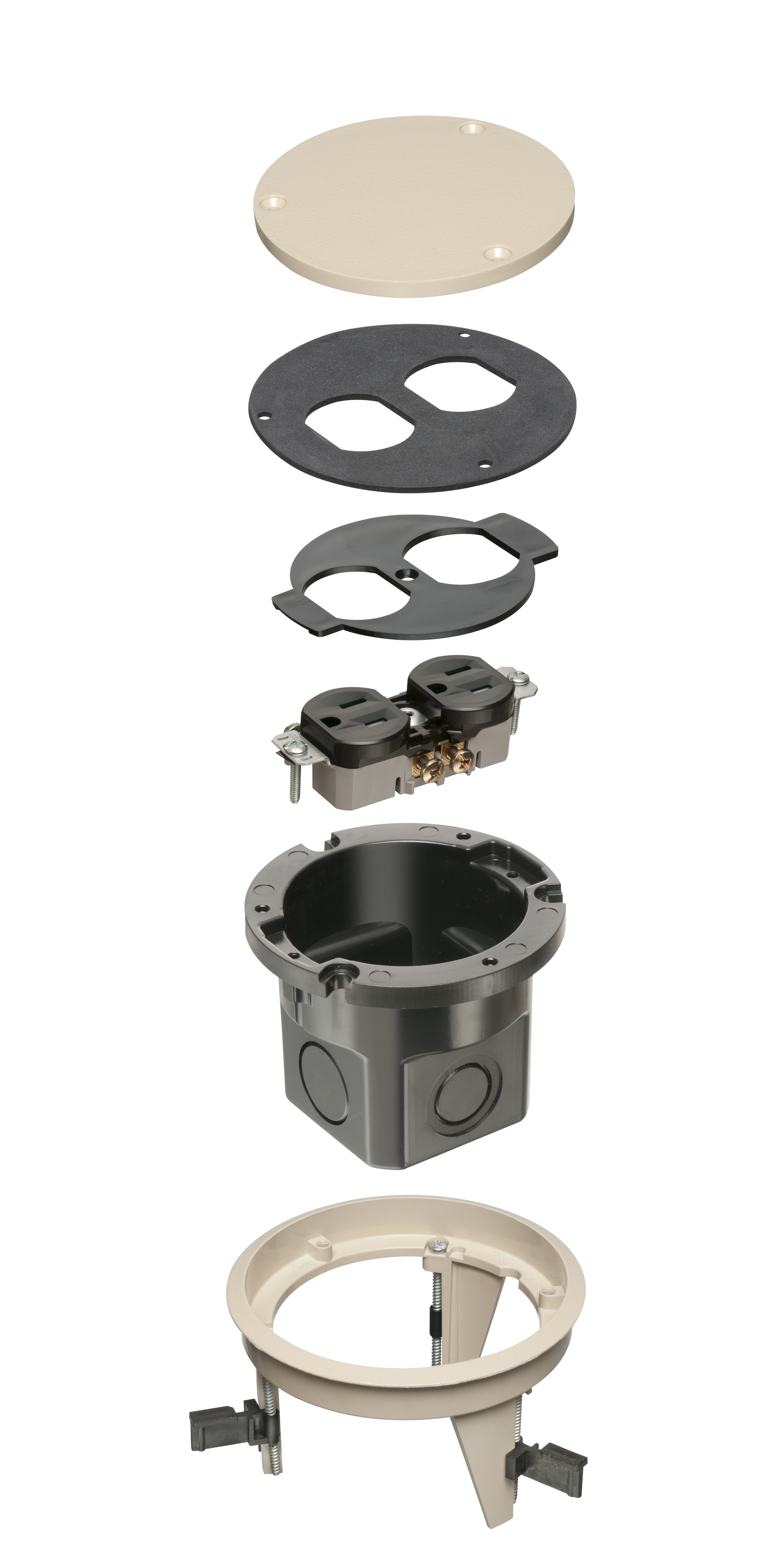 Non Metallic, round cover kit with box and blank light almond cover.