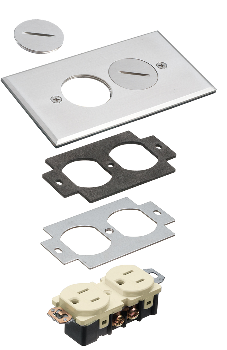 Single gang nickel cover with 2 threaded plugs.