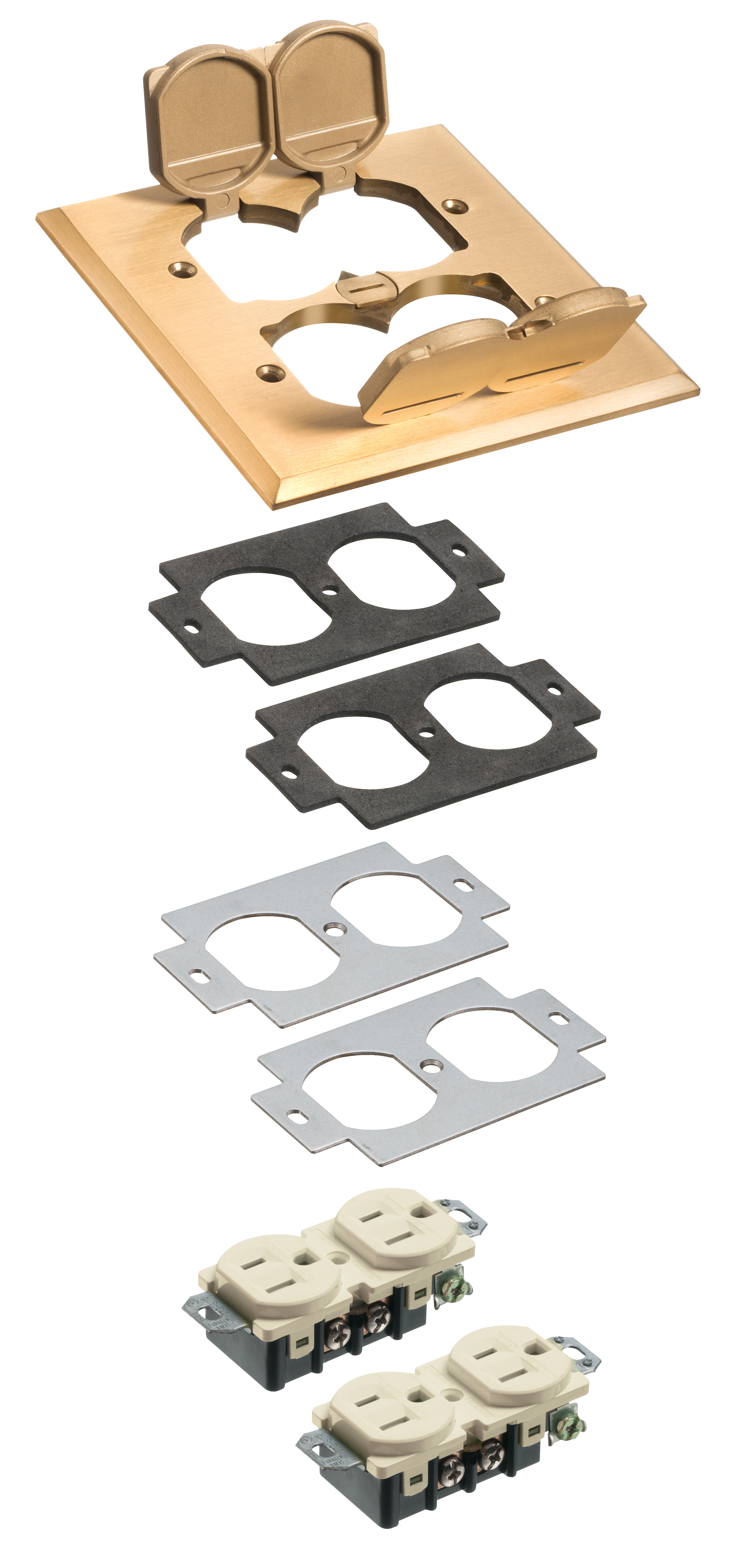 Metal Covers with flip lids. 2 Gang with gasket and tamper resistant receptacles. Brass.