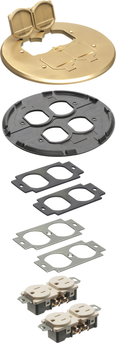 Trim kit for Arlington's FLB5548 drop in box, Includes cover, gasket and receptacle. Metallic Brass.