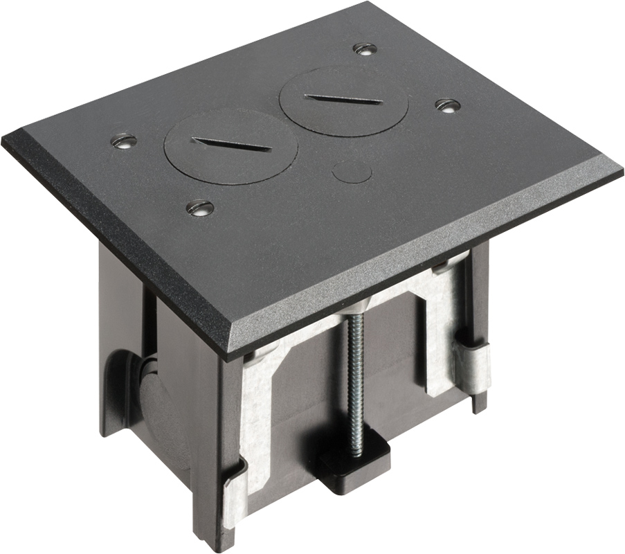 Non Metallic adjustable floor box. Black with threaded plugs. Includes tamper resistant duplex receptacle, cover plate with gasket and Arlington NM94 connector and Arlington NM900 knockout plug.