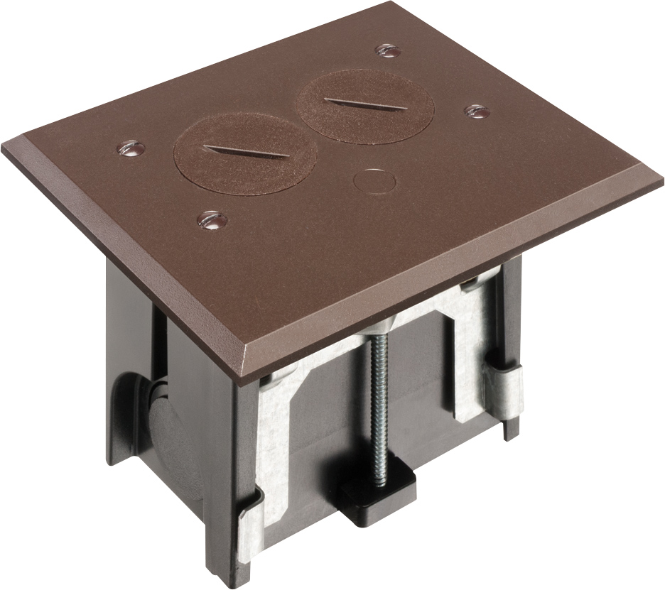 Non Metallic adjustable floor box. Brown with threaded plugs. Includes tamper resistant duplex receptacle, cover plate with gasket and Arlington NM94 connector and Arlington NM900 knockout plug.