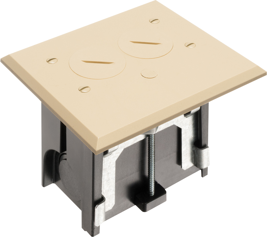 Non Metallic adjustable floor box. Light Almond with threaded plugs. Includes tamper resistant duplex receptacle, cover plate with gasket and Arlington NM94 connector and Arlington NM900 knockout plug.