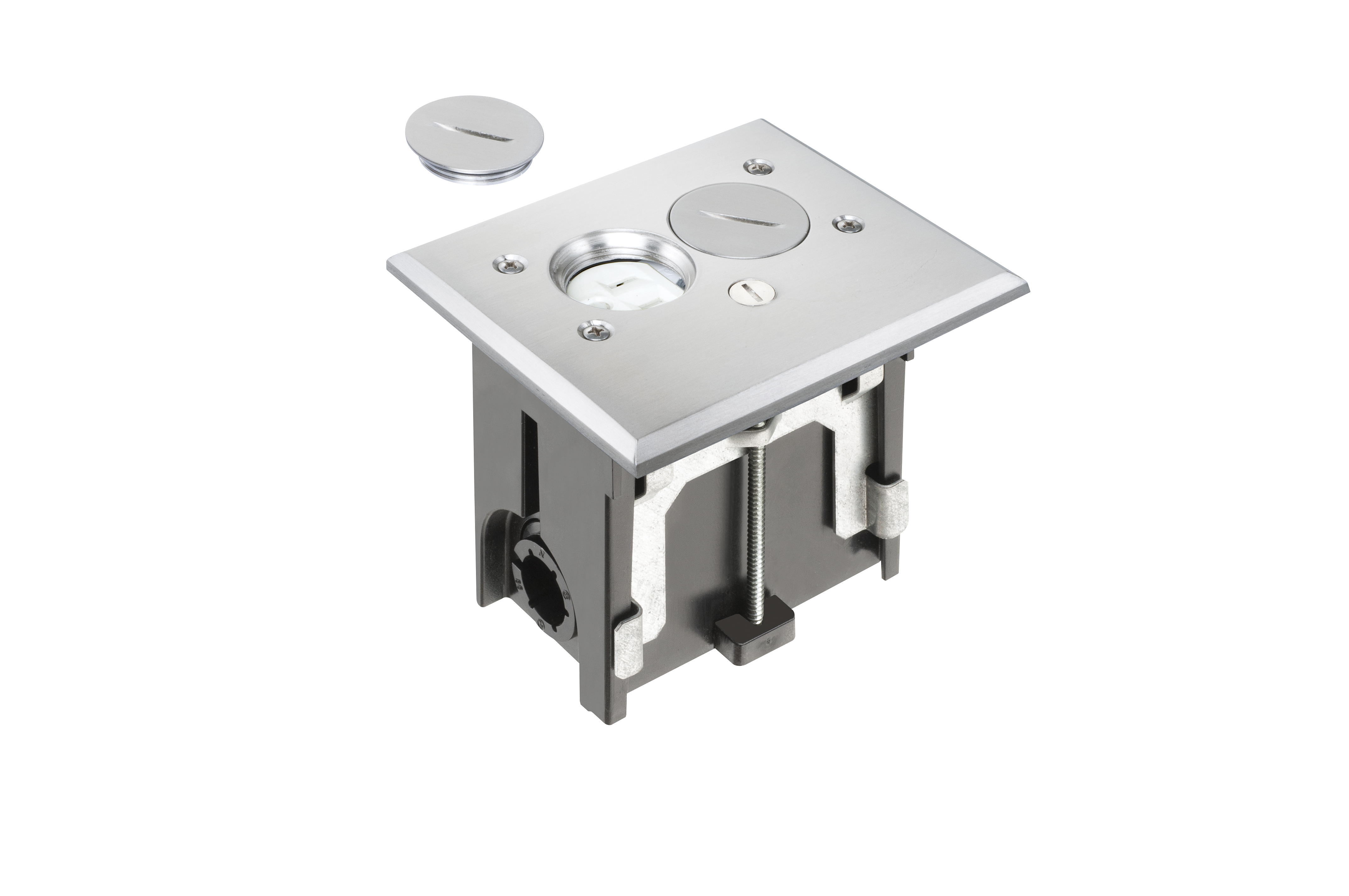 Metallic adjustable floor box. Nickel with threaded plugs. Includes tamper resistant duplex receptacle, cover plate with gasket and Arlington NM94 connector and Arlington NM900 knockout plug.