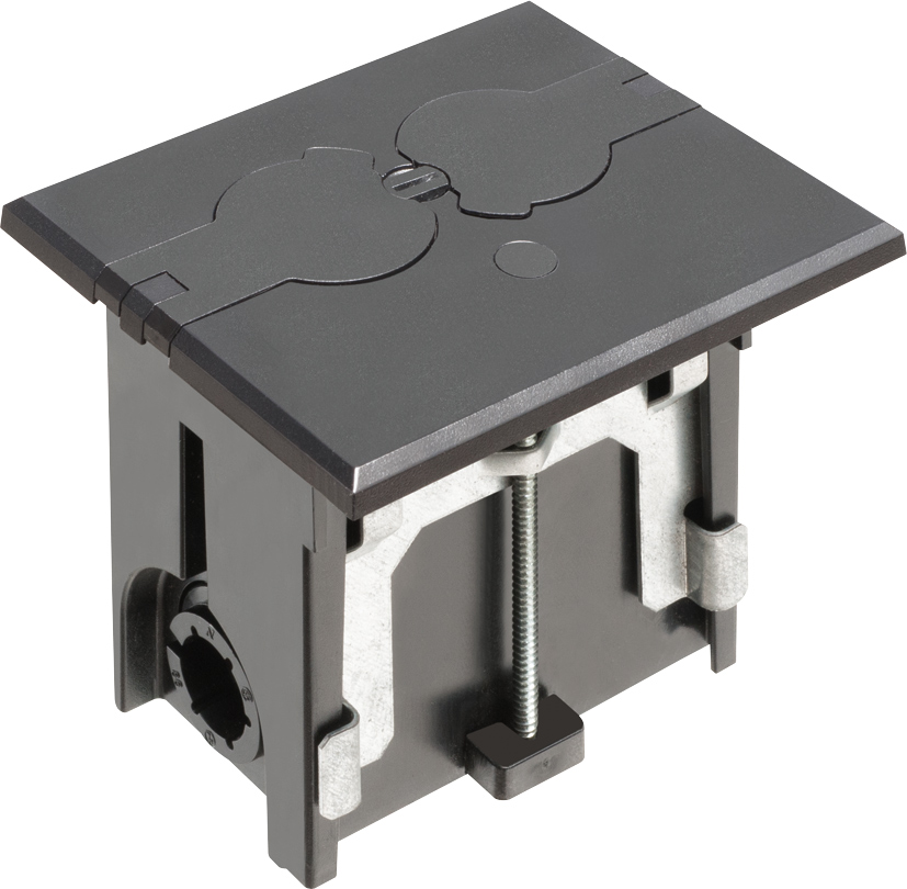 Non Metallic adjustable floor box. Black with flip lids. Includes tamper resistant duplex receptacle, cover plate with gasket and Arlington NM94 connector and Arlington NM900 knockout plug.