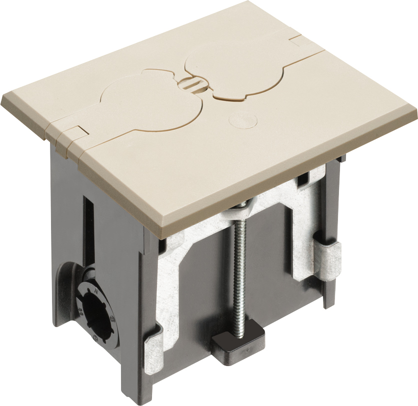 Non Metallic adjustable floor box. Light Almond with flip lids. Includes tamper resistant duplex receptacle, cover plate with gasket and Arlington NM94 connector and Arlington NM900 knockout plug.