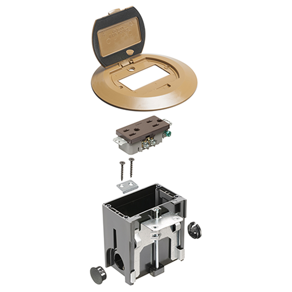 Non Metallic adjustable floor box. Caramel with flip lids. Includes tamper resistant duplex receptacle, cover plate with gasket and Arlington NM94 connector and Arlington NM900 knockout plug.