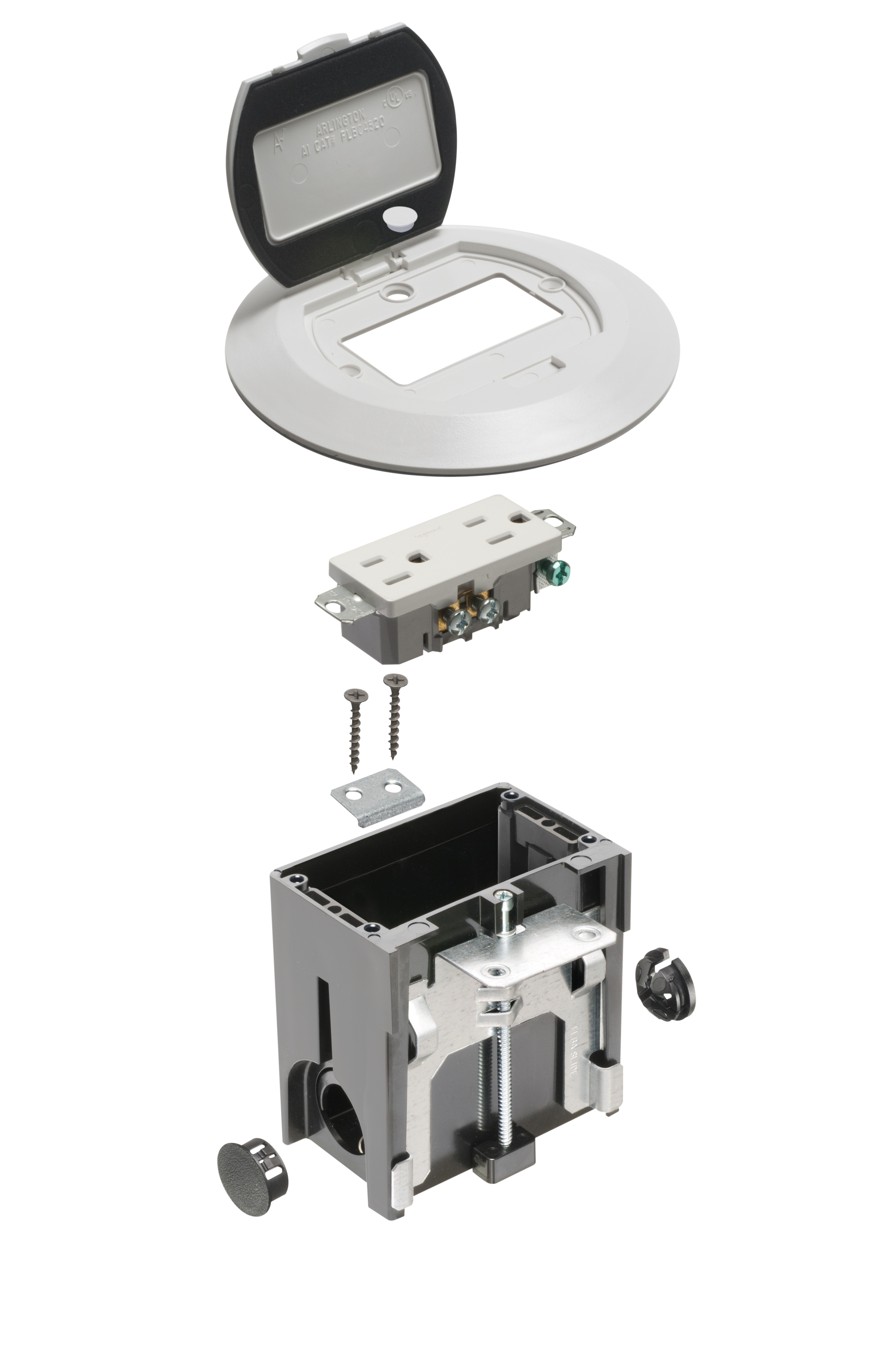 Non Metallic adjustable floor box. White with flip lids. Includes tamper resistant duplex receptacle, cover plate with gasket and Arlington NM94 connector and Arlington NM900 knockout plug.